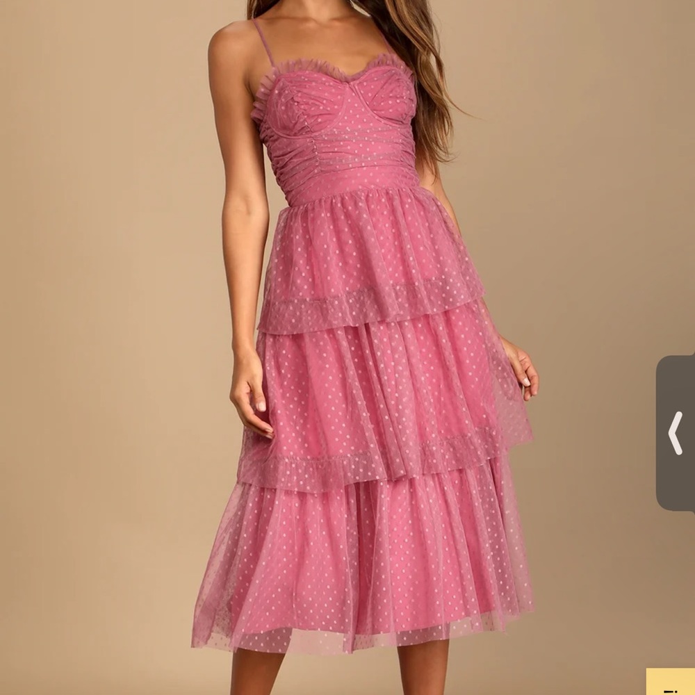 Sweetheart Style Mauve Polka Dot Bustier Tiered Midi Dress from lulus. Worn once